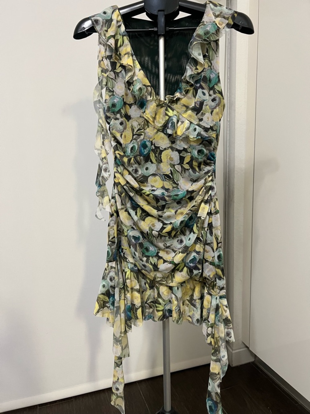 Zara NWT Floral Ruched Mesh Mini Dress Size L Ruffle Trim Sleeveless